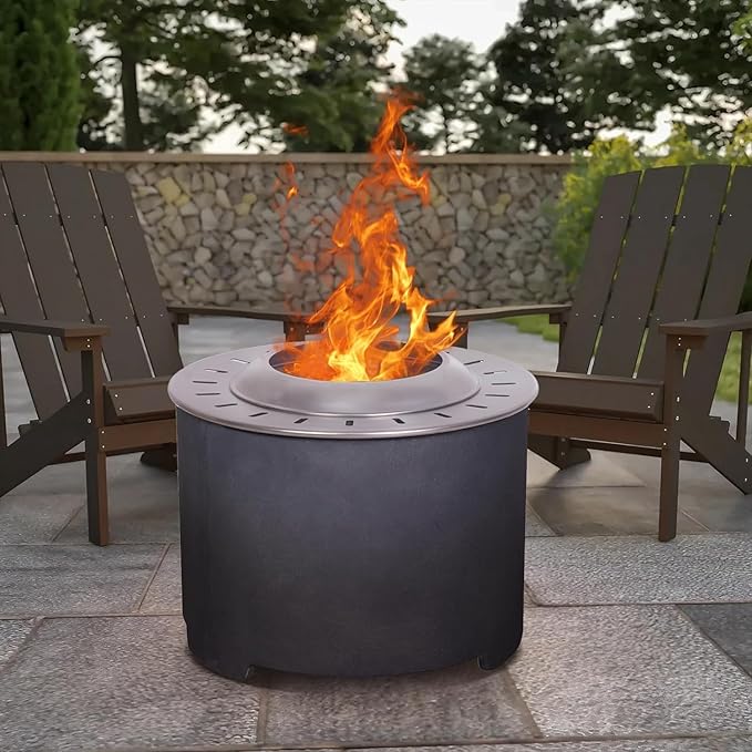 Afterglow Smokeless Fire Pit, 20.5" Round Wood Burning Stainless Steel Top & TerraFab Base, Firepit with Weather Cover Perfect for Outdoor Patio Garden, Dark Grey
