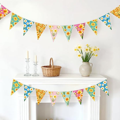 jijAcraft 4 Pack Spring Floral Bunting Banners - Pre-Strung Daffodil Flower Triangle Pennant Banner, Daffodil Spring Party Decorations for St David's Day March Birth Flower Spring Baby Shower Decor
