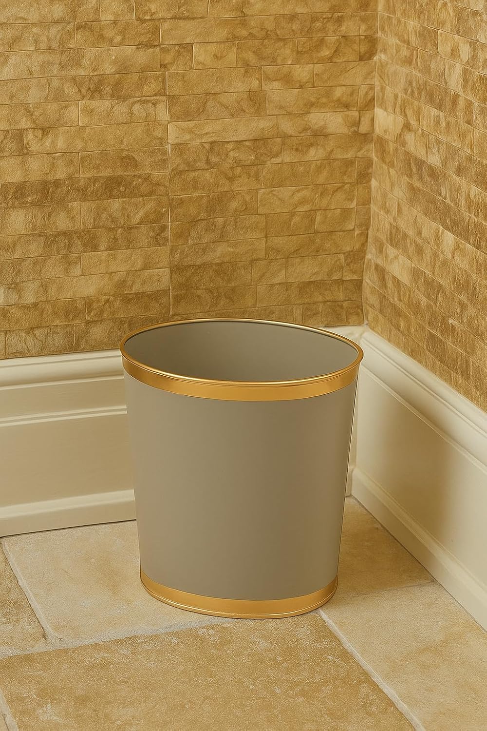 Jaye's Studio Mattie Oval Waste Basket for Bathroom Decorative, Gold Trim & Finish, Hand-Painted, Handcrafted Metal Wastebasket, Garbage Bin & Trash Bin for Bedroom, Office, 12" x 10" x 8" (Taupe)