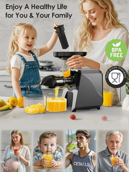Cold Press Juicer for Celery Carrot Orange- Soft/Hard Fruits Vegetables, 250W Slow Juicer Machines BPA-Free,Reverse Function, Easy to Clean, with Big Cup,Pulp Container,Cleaning Brush