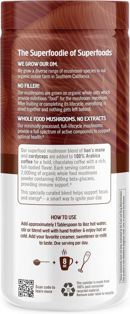 OM MUSHROOM SUPERFOOD Coffee Blend Mushroom Powder, 6.24 Ounce Canister, 30 Servings, Organic Arabica Beans, Lion's Mane, Cordyceps, Turkey Tail, Ginkgo Biloba, Supports Energy and Focus