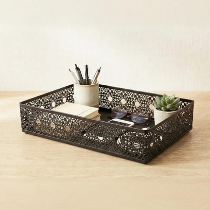 Desk Drawer Organizer, A4 Large Metal Mesh Desk Organizer Tray, Carved Hollow Floral Desk Letter Tray, Versatile Storage Basket for Office Home Supplies,13x9x3 inches (Round Holes,1 PC)