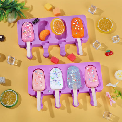 Ouddy Life Popsicle Molds Set of 2, Ice Pop Molds Silicone 4 Cavities Ice Cream Mold Oval Cake Pop Mold with 50 Wooden Sticks for DIY Popsicle