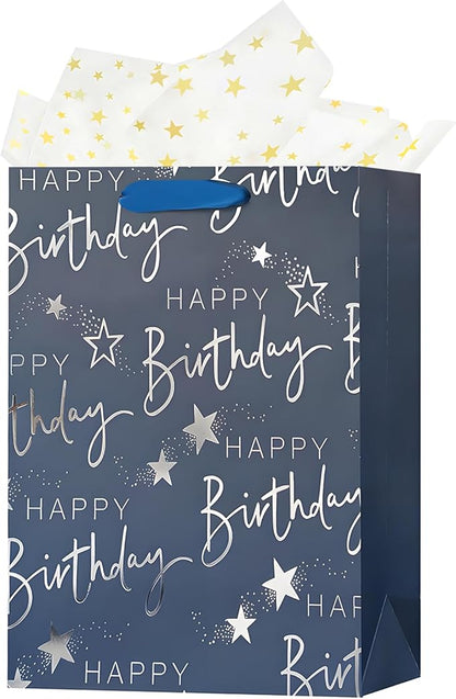 OFIHANLY 12.6" Medium Happy Birthday Gift Bag with Handles for Men Paper Gift Wrap Bags for Him Boys Kids Baby Navy Blue Bags with Tissue Paper,1Pcs