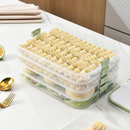 Dumplings Storage with 4 Layers, Stackable with Buckle, Lid & Handle for Cookies Wonton Donuts Box Organizer For Fridge, White-Green