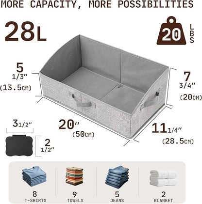Closet Organizers and Storage Bins with Labels Clip, Large Trapezoid Storage Baskets for Shelves, 28L Foldable Fabric Clothing Organizer for Blankets, Towels and Toys, Grey, 3-Pack
