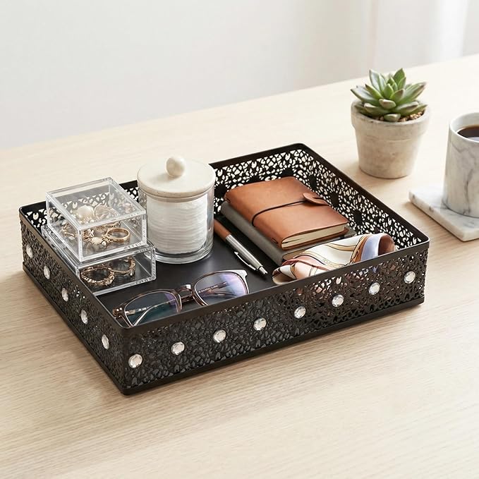 Desk Drawer Organizer, A4 Large Metal Mesh Desk Organizer Tray, Carved Hollow Floral Desk Tray, Versatile Storage Box Set for Office Home Supplies,13x9x3 inches (Rhinestones,1 PC)