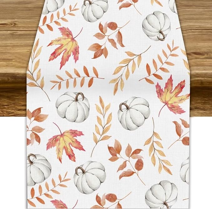 Autumn Pumpkin Table Runner, Watercolor Fall Maple Leaves Pumpkins Harvest Thanksgiving Table Runner for Holiday Dining Room Kitchen Table Party Decor, 13x60inch