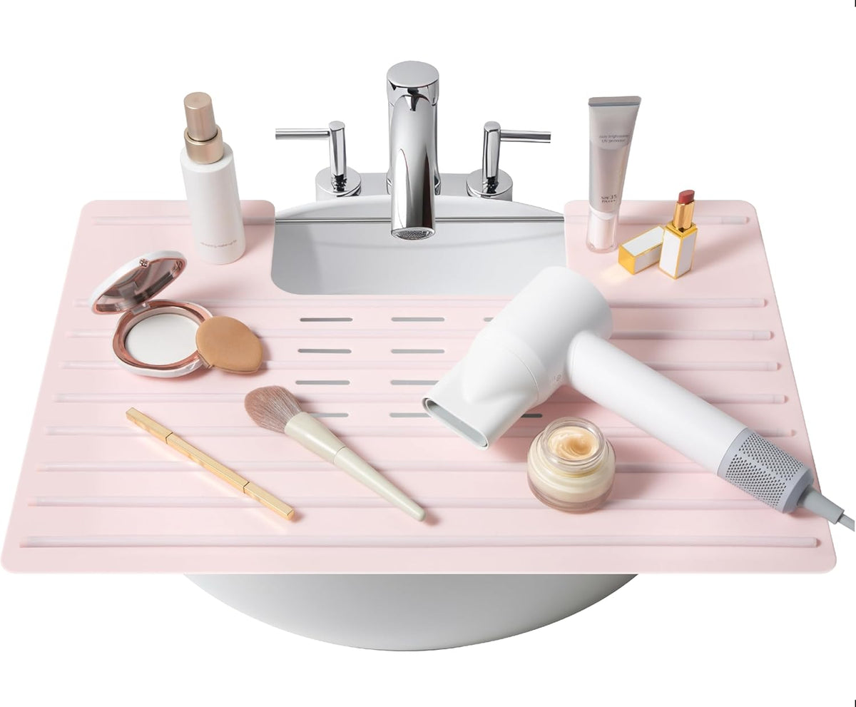 Maplefield Foldable Silicone Bathroom Sink Cover - Extra Counter Space Vanity Mat - Heat-Resistant Bathroom Sink Topper - Large, Rose Pink, 22 x 2 x 2 in