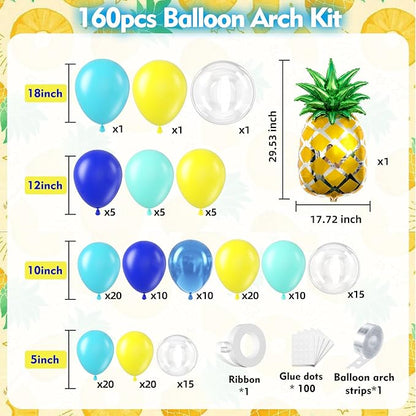 160pcs Cartoon Sponge Balloons Garland Arch Kit, Birthday Decorations Yellow Blue Clear Metallic Blue Teal Balloons and Pineapple Balloon Arch for Cartoon Birthday Baby Shower Party Decor