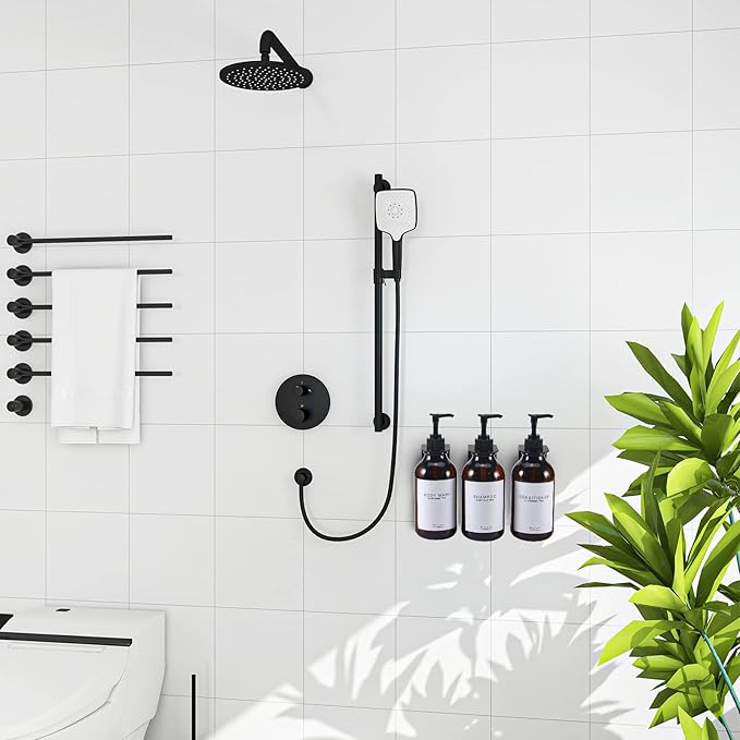 Shampoo and Conditioner Dispenser for Shower Wall 3 Chamber,Refillable Shampoo and Conditioner Bottles with Waterproof Labels,Soap Dispenser with Pumps (3 Bottles 3 Wall Mounts-Brown)