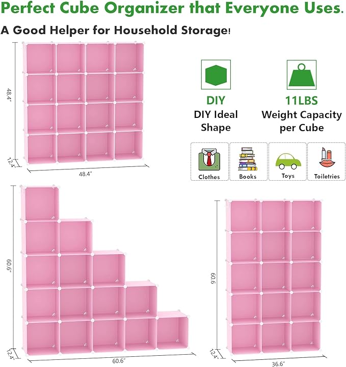 C&AHOME Cube Storage Organizer, 16-Cube Shelves Units, Plastic Storage Cubes, DIY Closet Organizer, Modular Closet Storage Shelves Ideal for Home, Bedroom, 48.4" L × 12.4" W × 48.4" H Pink UPCS16P