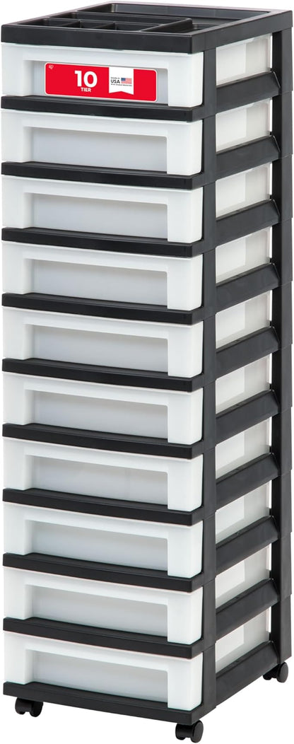 IRIS USA Plastic Drawer Storage Organizer Rolling Cart, with Wheels Casters, 10-Drawers, for Classroom Art Craft Supplies Dresser Closet Bathroom Laundry Room, Black/Pearl