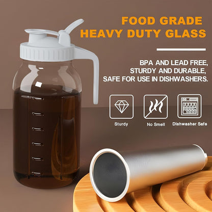 Cold Brew Coffee Maker Jar - 64oz Thick Glass Multipurpose Mason Pitcher Spout Lid with Handle & Stainless Steel Filter for Iced Coffee, Lemonade