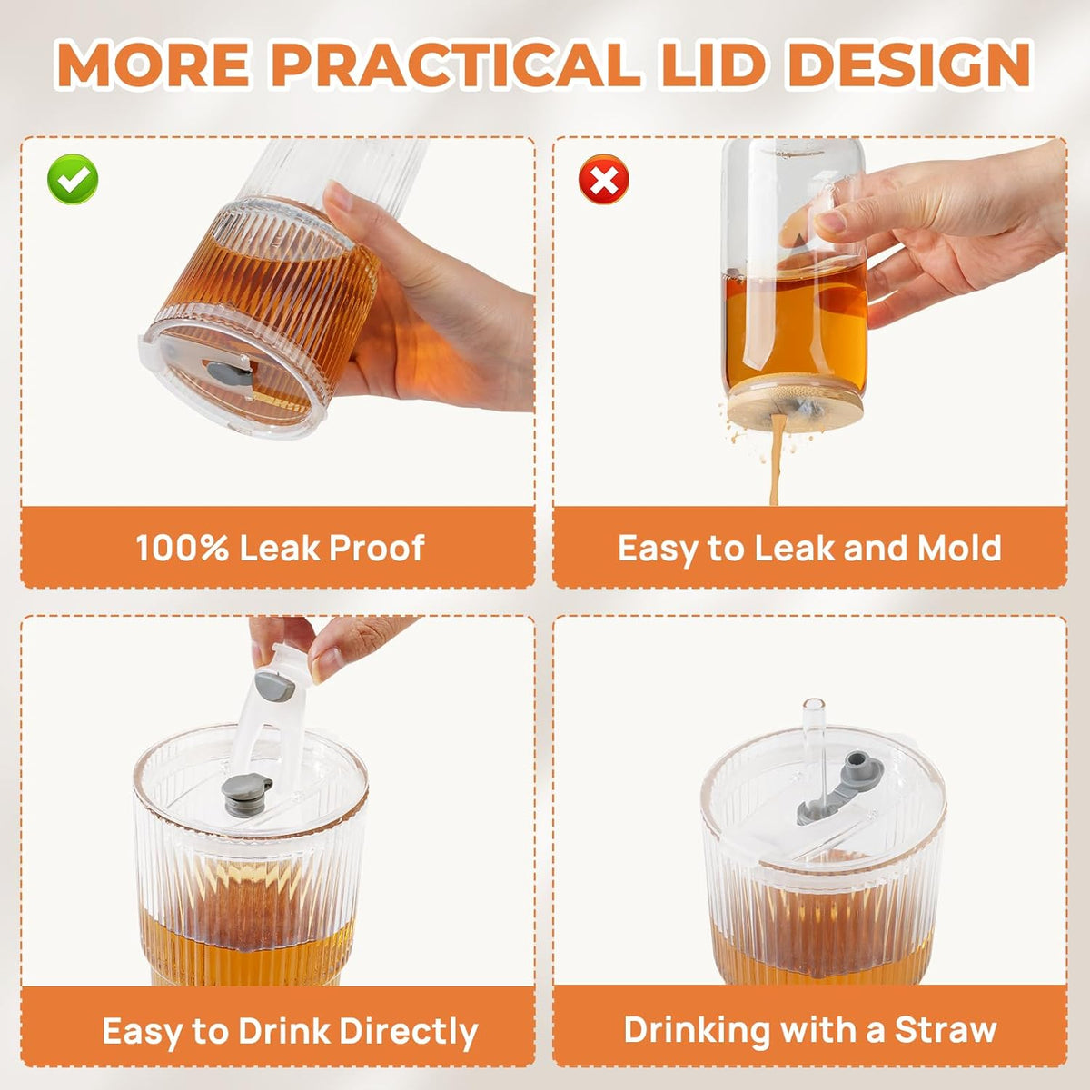 2 Pack 20 Oz Glass Cups with Lids and Straws Iced Coffee Cups Vintage Ribbed Glassware for Beer Ice Coffee Fruit Juice Elegant Aesthetic Cup Glass