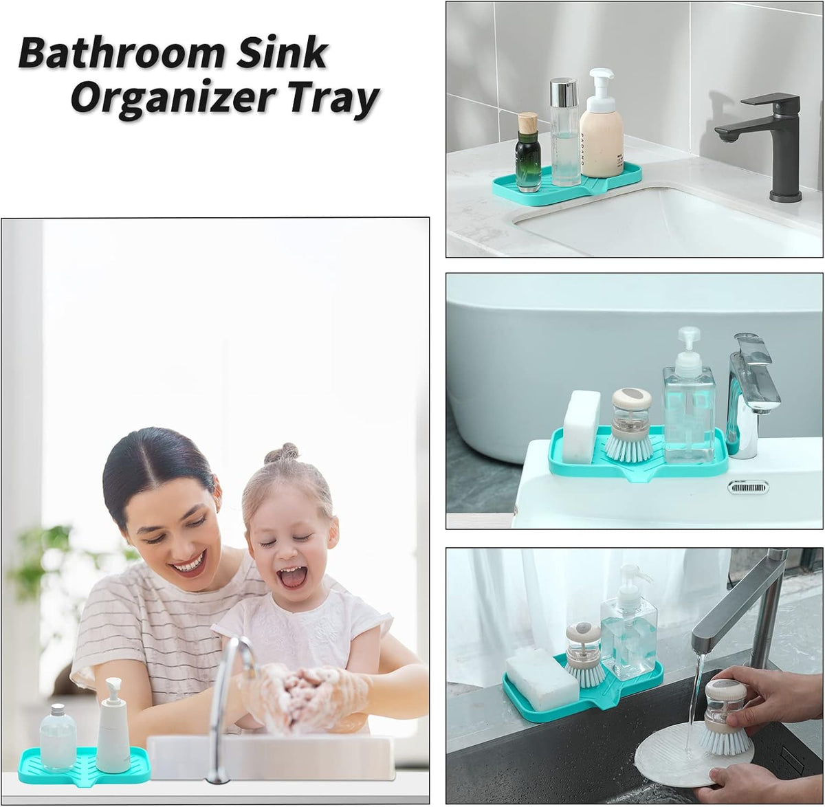 Silicone Bathroom Soap Dishes with Drain Spout-Bathroom and Kitchen Sink Organizer,Sponge Holder,Dish Soap Tray,Perfect for Dispenser,Scrubber,Bottle,Cup on Sink or Counter-Mint 9.6"×5.3"