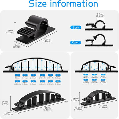 XHF 30pcs Adhesive Cable Wire Clips Kit Black, Outdoor Cable Management Wire Organizer Cord Holder for Under Desk, Car, Wall, TV PC Ethernet Cable