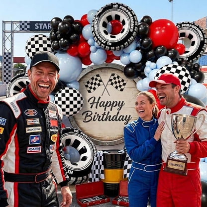 Car Balloon Arch Garland Kit 200pcs, Checkered Wheel Tire Black Red Blue Balloons Arch Kit for Racing Car Two Fast Theme Boy Birthday Anniversary Party Decorations