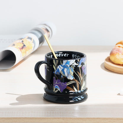 Ceramic Coffee Cappuccino Mug, 13 oz Classical Flower Mugs Vintage Floral Cups Aesthetic Mug Tea Cup, Perfect for Tea, Cocoa, Latte - Gifts for Women Men Dad Mom (Black)