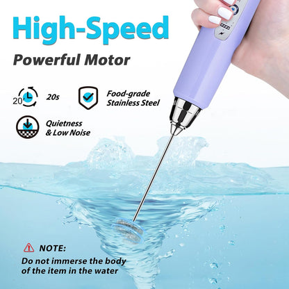 Milk Frother Handheld Rechargeable - Electric Whisk 3 Speed Adjustable, Coffee Frother Wand with 3 Stainless Whisks, Electric Foam Maker