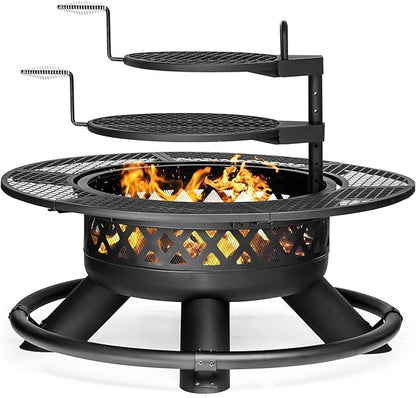 47 Inch Outdoor Wood Burning Fire Pit with 2 Grills,Extra Large 3-in-1 Fire Pit with Metal Lid & Fire Poker, Heavy Duty BBQ Firepits for Outside, Backyard, Bonfire, Patio & Party (47'' Black)
