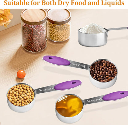 10 Pcs 1/4 Measuring Cup, 2 Oz Stainless Steel Scoop with Silicone Handle, Metal Mini Measuring Scoops Kitchen Gadgets for Cooking Baking