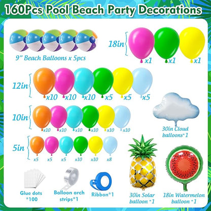 Tropical Hawaiian Balloon Garland Arch Kit 160Pcs, Summer Beach Pool Balloons Arch Kit with Beach Ball Pineapple for Birthday Hawaiian Luau Pool Beach Party Baby Shower Coconut Party Decor
