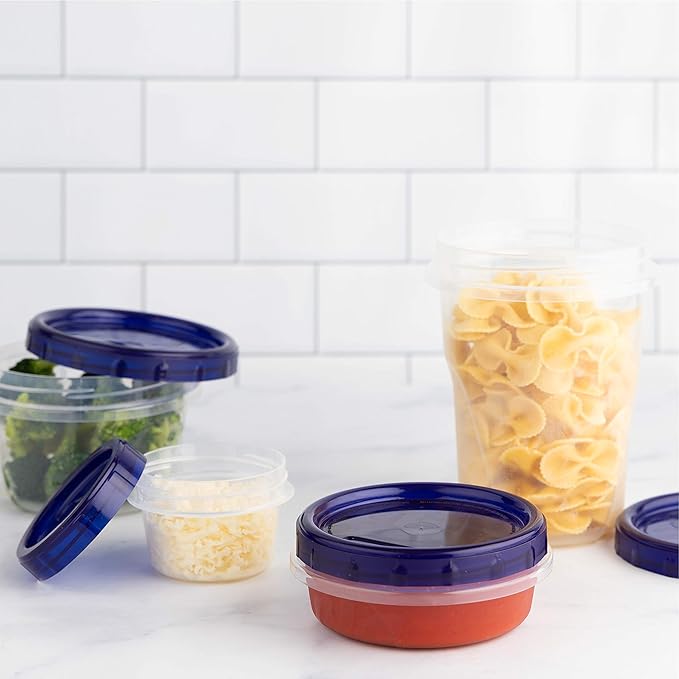 PLASTICPRO [8 oz 8 Pack] Twist Top Deli Containers Clear bottom With blue Top Twist on Lids Reusable, Stackable, Food Storage Freezer Container
