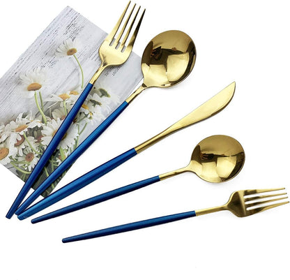 Blue Gold Silverware Set, JASHII 30-Piece Stainless Steel Satin Finish Flatware Set, Kitchen Utensil Set, Mirror Polished Tableware Cutlery Set for Home and Restaurant, Dishwasher Safe
