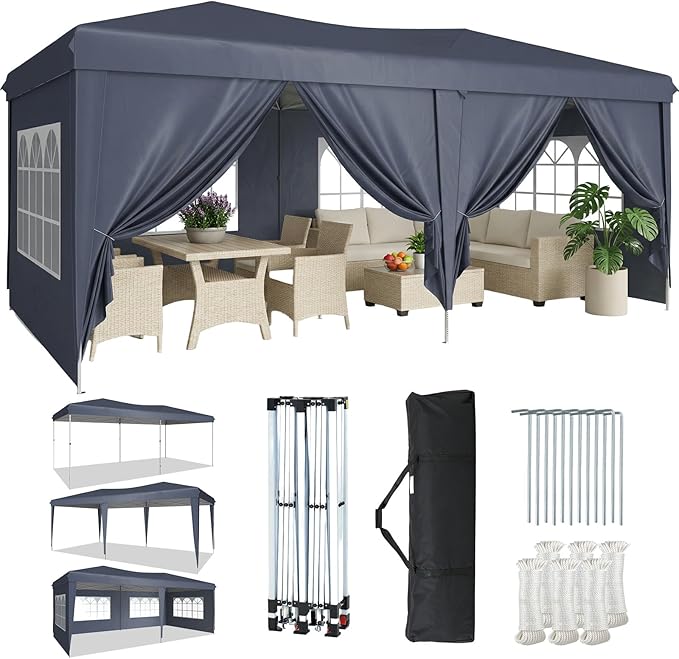 Aoxun 10x20 Pop Up Canopy Tent with 6 Removable Sidewalls, One Push Party Tent Waterproof Outdoor Canopy with 3 Adjustable Height, Portable Tents for Parties, Wedding, Commercial, Market