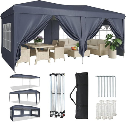 Aoxun 10x20 Pop Up Canopy Tent with 6 Removable Sidewalls, One Push Party Tent Waterproof Outdoor Canopy with 3 Adjustable Height, Portable Tents for Parties, Wedding, Commercial, Market