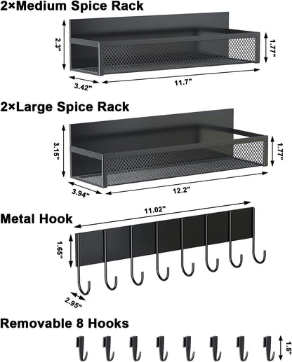Magnetic Spice Rack for Refrigerator, 5 Pack Magnetic Shelf, Moveable Magnetic Fridge Organizer with an 8-Hook Rack, Seasoning Organizer for Kitchen Organization (Extra with 8 Hooks)