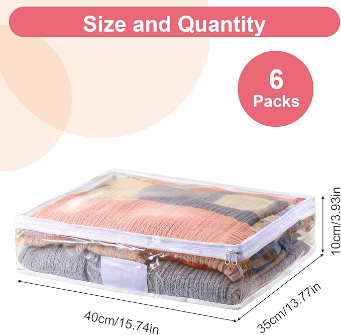Kifmurase 6Pcs Clear Storage Bags, Plastic Blanket Storage with Zipper, Moving Bags, Closet Organizers for Comforter, Clothes, Blankets, Sweater, Bed Sheet, Bedding (15.7 x 13.8 x 3.9 Inch)