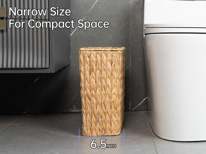 3 Gallon Wicker Trash Can,Small Bathroom Trash Can with Lid,Natural Water Hyacinth Wicker Waste Basket for Bedroom,Toilet,Narrow Garbage Can with Removable Liner