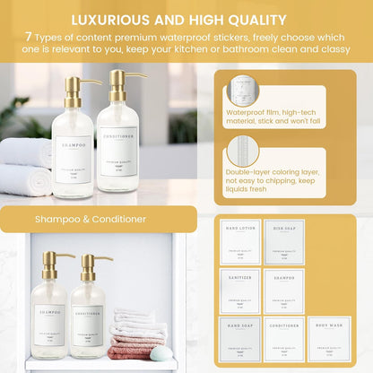 Glass Soap Dispenser for Kitchen, Farmhouse Dish Soap Dispenser&Hand Soap Dispenser Set,Rustproof Pump Lotion Dispenser Bathroom with Tray, Waterproof Label for Kitchen Decor(Clear
