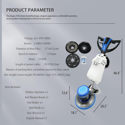 110V Floor Polisher Commercial Floor Scrubber Machine, Carpet Buffer Scrubber with 3.1gal Water Tank and 17" Base 175Rpm 1100W, for Marble/Cement/Epoxy/Rubber Floors/Wood