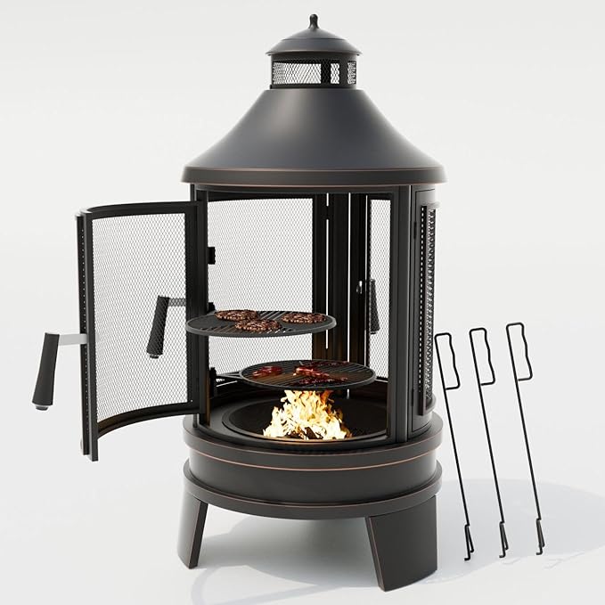 ALAULM Metal Chiminea Fire Pit with Grill, 2 in 1 Firepit with Adjustable Grill Tray & Mesh Spark Screen Door, 3-Door Multi-Access Fireplace for Patio, Garden & Backyard