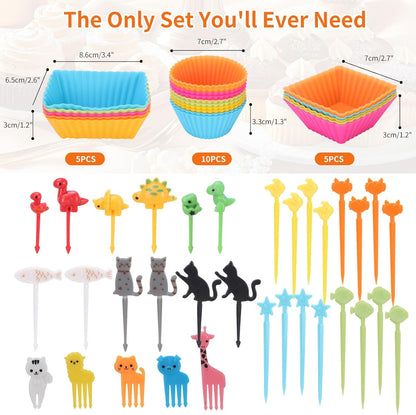 60PCS Silicone Lunch Box Dividers, Heavy-Duty Silicone Cupcake Liners for Muffin Cups, Reusable Kids' Lunch/Bento Box Accessories Set with Animal Forks, Food-Grade, BPA Free(20 Liners + 40 Picks)