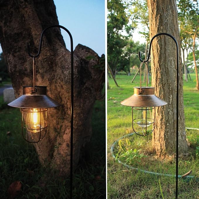 2 Pack Solar Lanterns, Outdoor Hanging Lights Metal with Shepherd Hook Warm White Edison Bulb Design for Garden and Birthday Gifts for Mom Grandma Wife ( Copper)