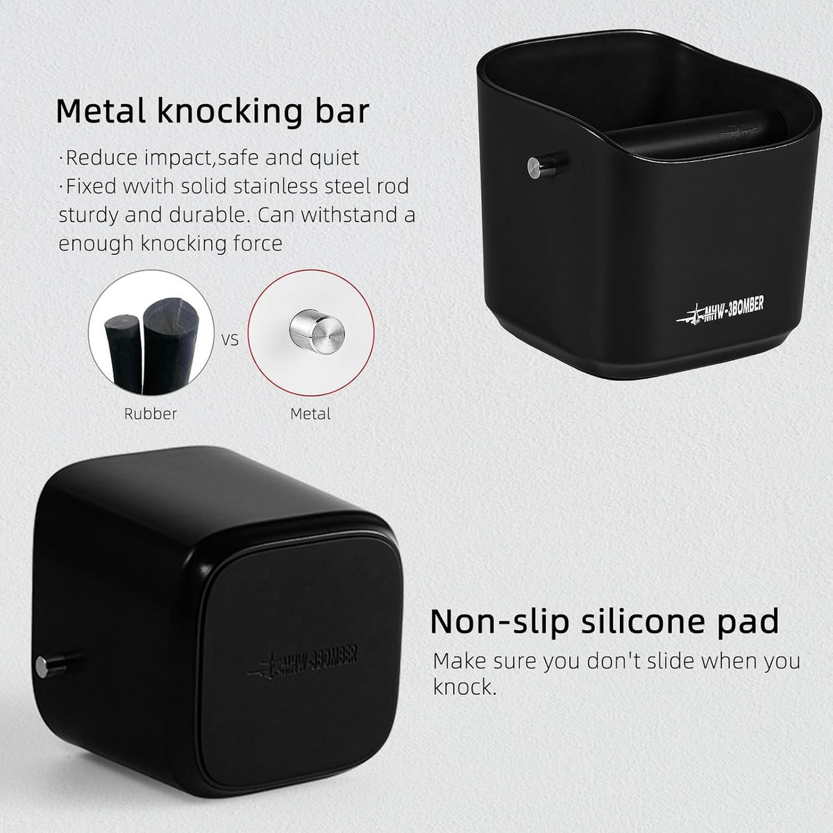 MHW-3BOMBER Espresso Knock Box, 1.2L(15 Cups) Coffee Knock Box with Removable Knock Bar and Anti-slip Pads for Espresso Puck, Coffee Ground, Durable Espresso Accessories, Black GB5967B
