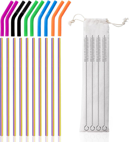Lazycorner 10 Pcs Metal Straw Reusable 8.5" 6mm Stainless Steel Straws,20oz-32oz, Colorful Drinking Straws with Silicone Tips, 4 Straw Cleaner Brush