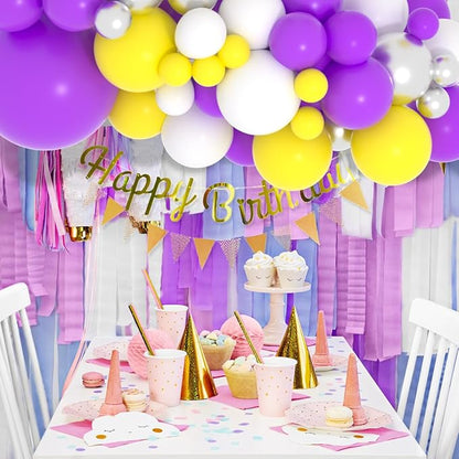 Purple Yellow White Balloon Garland Arch Kit - 122pcs, 12in, 10in, 5in Balloons, Metallic Silver, Basketball Birthday Party Decorations