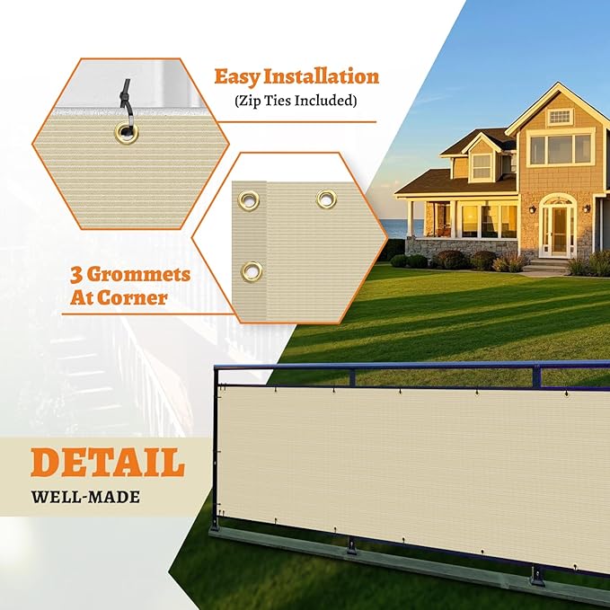 2.5' x 259' Balcony Privacy Screen Fence Cover with Zip Ties Grommets for Apartment Patio Porch Deck Backyard Outdoor (Beige)