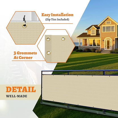 2.5' x 259' Balcony Privacy Screen Fence Cover with Zip Ties Grommets for Apartment Patio Porch Deck Backyard Outdoor (Beige)