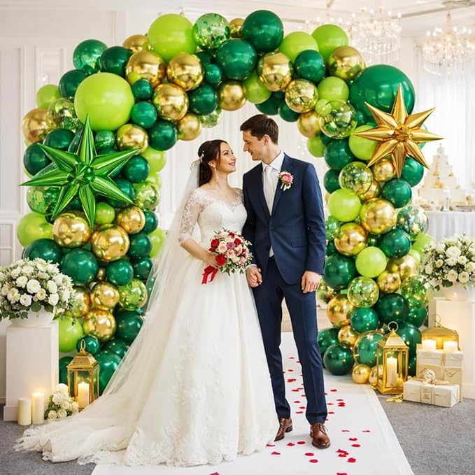 Tesochye 147 PCS Green and Gold Balloon Garland Arch Kit,Dark Green Gold Confetti Balloons with Exploding Star Foil Balloons for Graduation Class of 2026 Anniversary Birthday Jungle Party Decorations