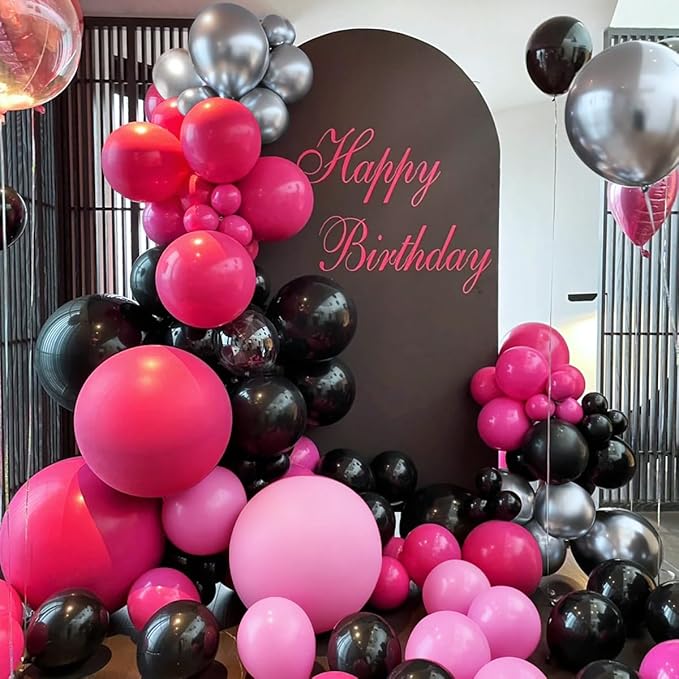 MEBAY Hot Pink Black Silver Balloon Garland Arch Kit, 166Pcs Red Black Pink Silver Balloons for Birthday Graduation Baby Shower Wedding Anniversary Bachelorette Party Decorations