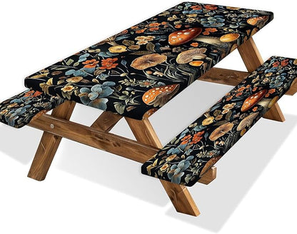 Picnic Table Cover with Bench Covers and Bag, Summer Outdoor Waterproof Windproof Tablecloth with Elastic Edges, Camping Accessories RV Gear Campers 3 Pcs Set, Black Mushroom 30X60inch