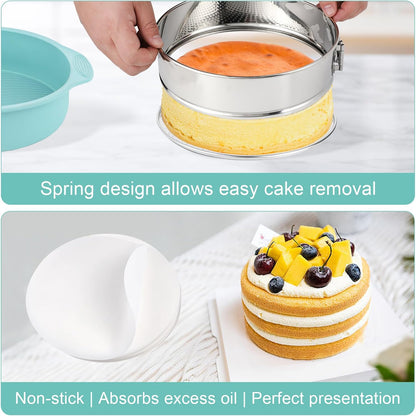 9 Inch Cheesecake Pan, Leakproof 304 Stainless Steel Springform Pan with Silicone Protector for Water Bath Baking, Removable Bottom, 50 Pcs Parchment Paper, Dishwasher Safe
