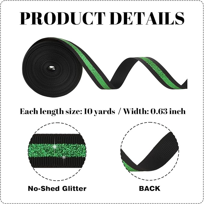 Black Green Glitter Grosgrain Ribbon 5/8" x 10 Yards, No-Shed Cheer Ribbon for Cheerleading Hair Bows, Homecoming Mum Supplies,School Spirit,St Patricks Day Decorations Gift Wrapping Crafts