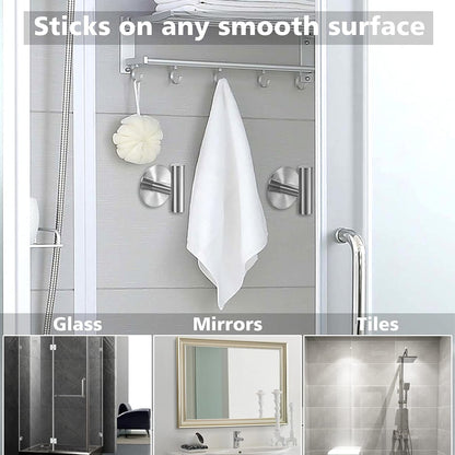 Adhesive Towel Hooks Heavy Duty Wall Hooks Stainless Steel Waterproof Shower Towel Hooks, Coat Hook for Hanging Clothes, Adhesive Hook for Bathroom, Glass Window, Kitchen- 2 Pack, Silver